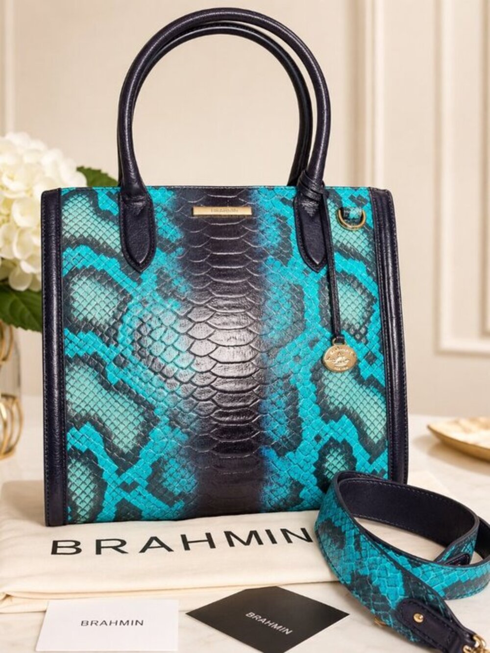 Brahmin Blue Waterford Snake-Embossed Leather Satchel NWT